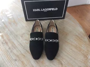 KARL LAGERFELD PARIS WOMENS BLACK SUEDE EMBELLISHED LOAFER SIZE 7 - Picture 1 of 7