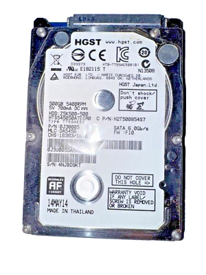 Laptop HDD HGST Z5K500-500 500GB HDD Tested / Wiped with - DoD 5220.22-M: 3 Pass - Image 1 of 3