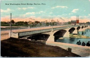 1910s OH Postcard New Washington Street Bridge Dayton Ohio Town Men Sitting - Picture 1 of 2