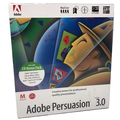 SEALED Adobe Persuasion 3.0 Macintosh 3D Charting Presentation Big Box Software - Image 1 of 4