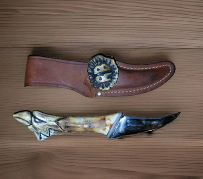 Mango de asta Schrade con águila talla Buck o cuchillo de pelar funda de cuero Foto 1 de 4