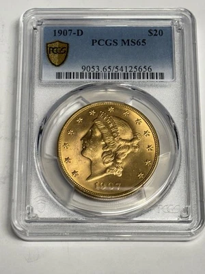 1907-D $20 PCGS MS65 Голова Свободы Золотой Двойной Орел, Блестящий Новый Штат США BU - Изображение 1 из 4