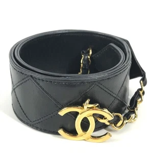 CHANEL vintage CC CC Mark Chain Quilted Accessories belt Leather Black/Gold - Foto 1 di 15