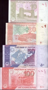 Pakistan 4 Pcs set 10, 20, 50, 100 Rupees P-45, 47, 48, 55 2022-2024 UNC - Picture 1 of 2