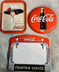Lot Of 3 Coca-Cola Collectibles: 1971 Repo Tray, White Board & 1990 12” Button - Picture 1 of 2