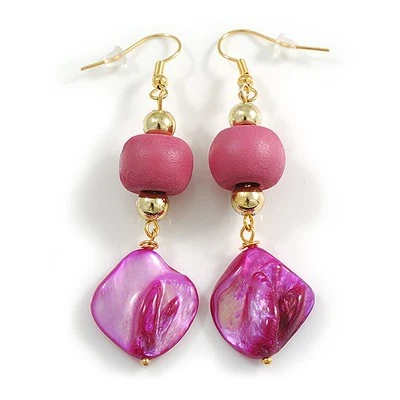 Pink Wood and Fuchsia Shell Bead Drop Earrings in Gold Tone - 70mm Long - Image 1 of 4