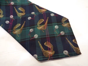 Nautica Golf Mens Necktie Tie 100% Silk Hand Woven Green Navy Plaid Clubs Balls - Picture 1 of 5