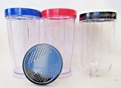 3 Original Magic Bullet Blender Mugs Cups w/ Lip Rings & a Shaker / Steamer Lid - Image 1 of 3