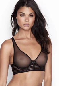 VICTORIAS SECRET LUXE LINGERIE UNLINED MESH FULL COVERAGE PLUNGE BRA BLACK 32DD - Picture 1 of 6