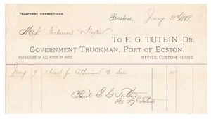 1888 EG Tutein billhead, Government Truckman, Port of Boston, Custom House - Picture 1 of 3