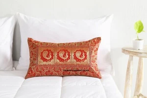 Indian Peacock Brocade Silk Cushion Cover Home Sofa Decor Red Pillow Case 20"x12 - Picture 1 of 7