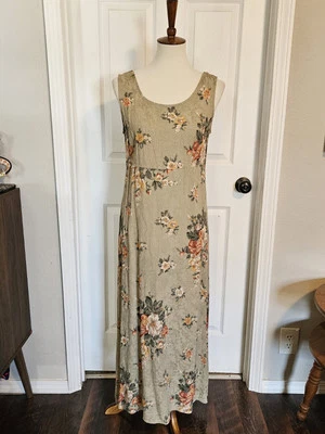 Maxi Vestido Floral Vintage Años 90 Rayón Karin Stevens Verde Rosa Talla 8  Foto 1 de 4