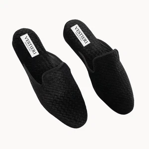 Pantofole corsini VESTIERI NUOVE SENZA SCATOLA $225 nere in camoscio tessuto taglia 10/11 - Foto 1 di 8