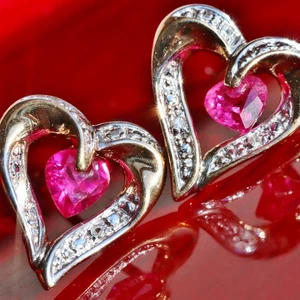 10k multitone gold earrings 0.62ct lab-created ruby diamond open heart stud 1.6g - Picture 1 of 12