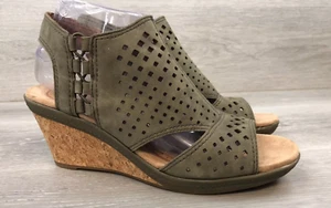 Cobb Hill Janna Womens Sandal 9 Green Leather Wedge Ankle Strap Slingback Shoes - Picture 1 of 10