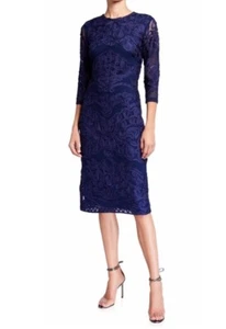 JS COLLECTIONS Size 6 NAVY SOUTACHE LACE SHEATH DRESS NEW RETAIL $350 - Picture 1 of 14