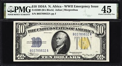 1934A $10 North Africa Silver Certificate Fr. 2309 PMG 45 XF - Image 1 of 3
