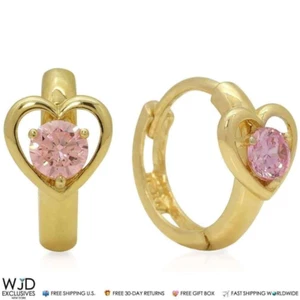 14K Yellow Gold Heart Shape Pink Tourmaline 10mm Huggie Hoop Earrings - Picture 1 of 4