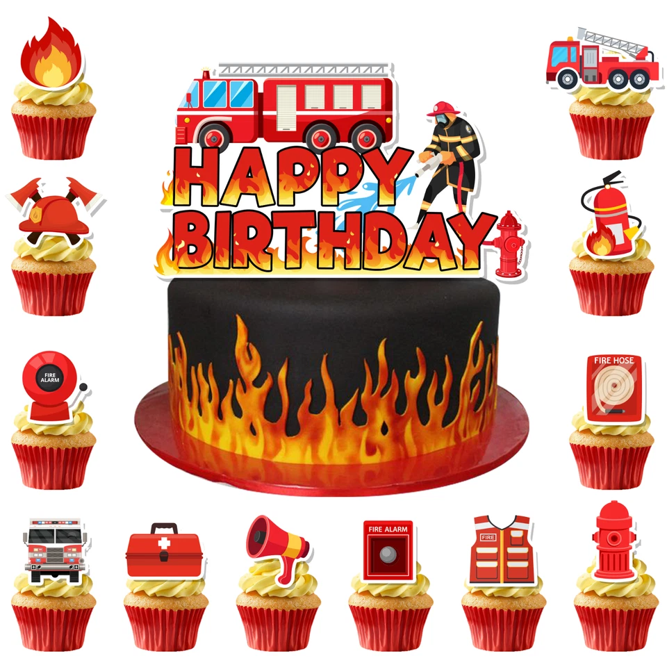 25 Pcs Firefighter Birthday Cake Topper Supplies Firetruck Party Decorations - Image 1 of 4