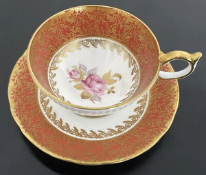 Aynsley Pink Cabbage Rose Orange Rust Tea Cup Saucer Gold Trim Mint - Picture 1 of 5