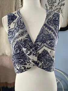 C & C California Tank Top Crop Top Vest Twist Front Linen Cream Blue Large L NWT - Picture 1 of 7
