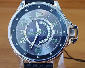 Mens Black Leather Carbon Fibre Royal London Retrograde Date Watch GREAT GIFT - Picture 1 of 10
