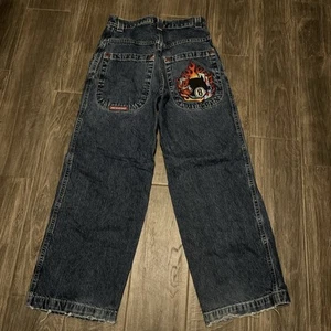 JNCO Jeans Boys 14 Flame 8 Ball Wide Leg Blue Baggy Skater Dice Vintage 90s Y2K - Picture 1 of 10