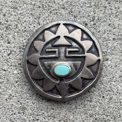 Винтажный Bolo галстук из чистого серебра TurquoiSouthwest бирюза коренных американцев солнце лицо - Изображение 1 из 4