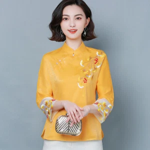 Women 3/4 Sleeve Floral Embroidered T Shirt Blouse Lace Cuff Mandarin Collar Top - Picture 1 of 19