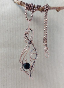 Oxidised Copper & Black Agate Wire Wrapped Elven Pendant Handmade - Picture 1 of 8