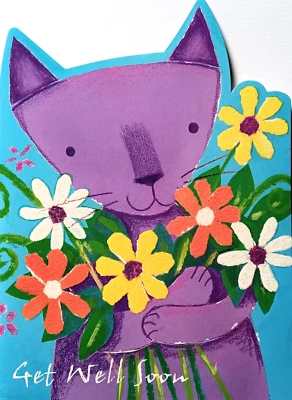 Greeting Card Get Well soon Cat Kitty Flowers - Image 1 of 2