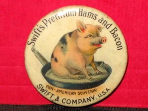 Vintage Swift's Premium Hams & Bacon Pig in Fry Pan Celluloid Pinback Button Adv - Picture 1 of 3