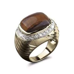 Natural Tiger's Eye Gemstone with Gold Plated 925 Sterling Silver Ring #1617 - Picture 1 of 3
