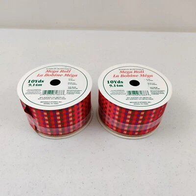 2 Mega Roll Wired Edge Ribbon 2.5” x 10 yards Red Blue Green And Gold  - Image 1 of 4