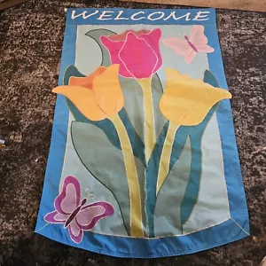 Vintage Welcome Banner Flag With Tulips. - Picture 1 of 2
