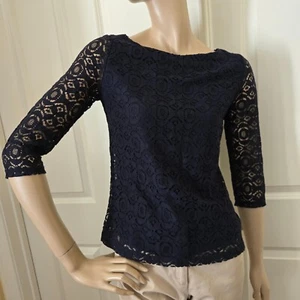 Banana Republic Lace 3/4 Sleeve Shirt SZ 4(S) Navy Blue - Picture 1 of 8