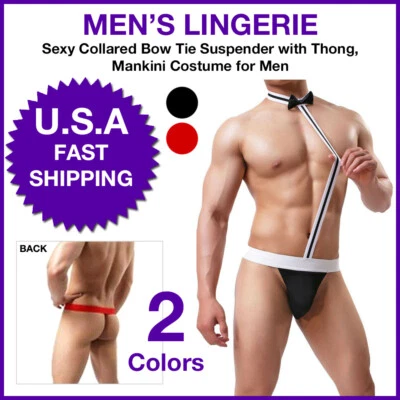 Sexy Collared Bow Tie Suspender with Thong Mankini Costume for Men - Image 1 of 4