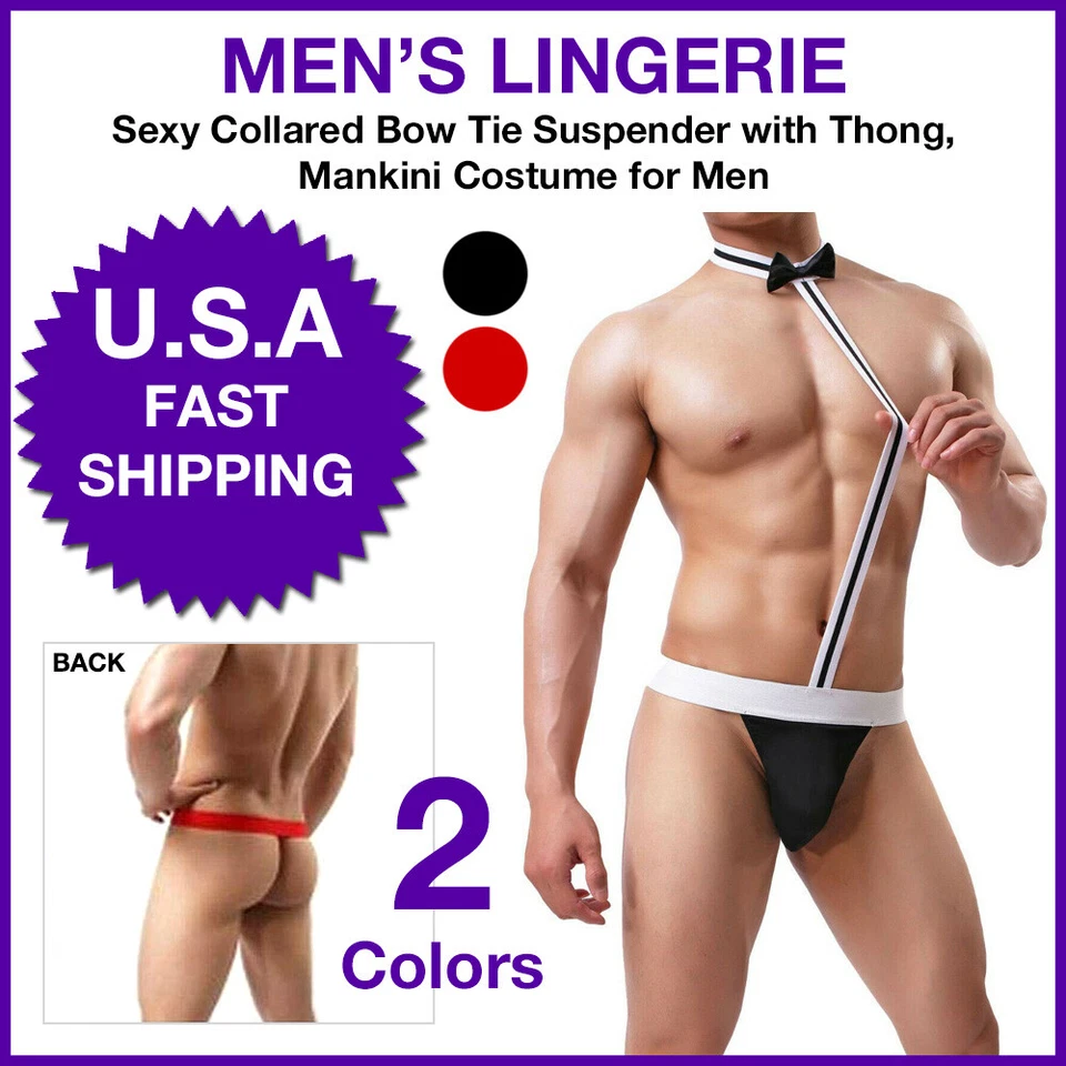 Sexy Collared Bow Tie Suspender with Thong Mankini Costume for Men - Image 1 of 4
