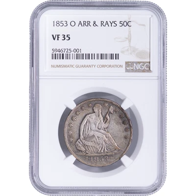 1853-O Seated Liberty Half Dollar Arrows and Rays NGC VF35 - Image 1 of 2