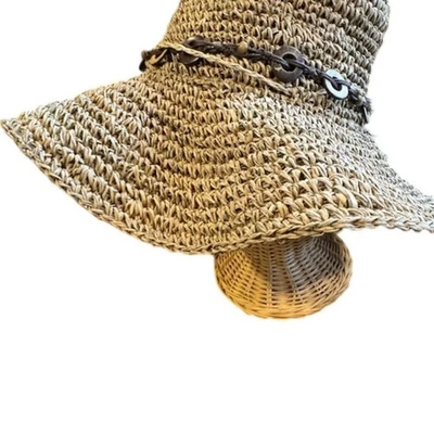 Sombrero de paja Scala para mujer marrón flojo ala ancha con cuentas boho protección solar Foto 1 de 4