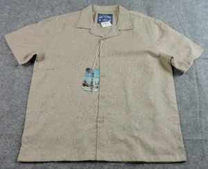 Free Planet Mens M Oxford Tan Short Sleeve Textured Floral Camp Button Shirt - Picture 1 of 17