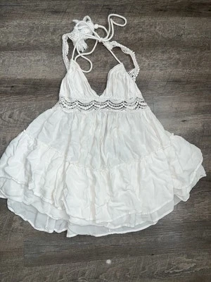 Forever 21 White Ruffle Crochet Halter Mini Dress Women’s Size Small Boho - Image 1 of 3