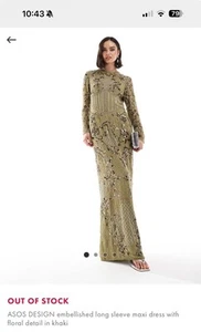 ASOS DESIGN Embellished Long Sleeve Maxi Dress With Floral Detail In Khaki - Picture 1 of 3