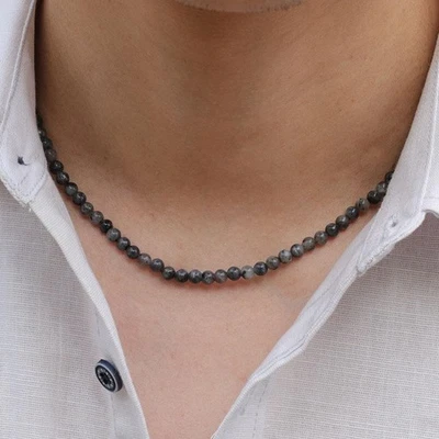 Gargantilla única minimalista de 18" para hombre - Collar de roca de piedra natural de 4 mm regalo Foto 1 de 4