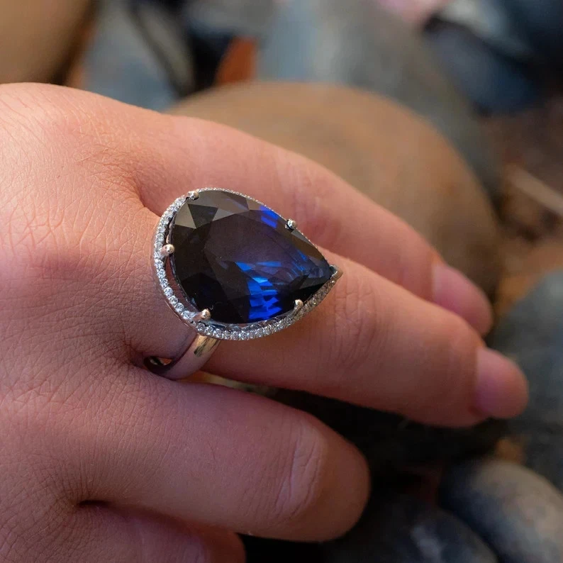 11.40 Ct Pear Cut Natural Sapphire & Diamond Engagement 14K Ring White Gold Sz 7 - Image 1 of 4