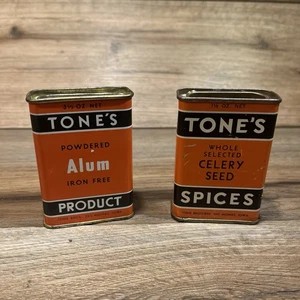 VTG Lot of 2 TONE'S Orange & Black Spice Tins Metal Canisters Empty Alum Celery - Picture 1 of 4