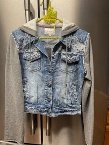 Giacca jeans Miss Me denim donna LG con cappuccio strass impreziosita blu grigio nuova con etichetta - Foto 1 di 7