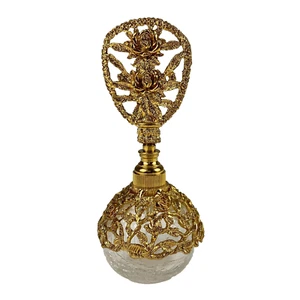 Botella de Perfume De Colección Matson 6" Rosa Floral Dorado Ormolu Vidrio Craquelado Dauber Glam - Imagen 1 de 8