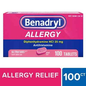 Benadryl Ultratabs Allergy Relief Tablets, Diphenhydramine HCI 25 mg, 100 Count - Picture 1 of 8