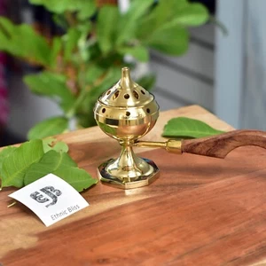 Brass Charcoal Cone Resin Incense Burner with Wooden Handle - Picture 1 of 6